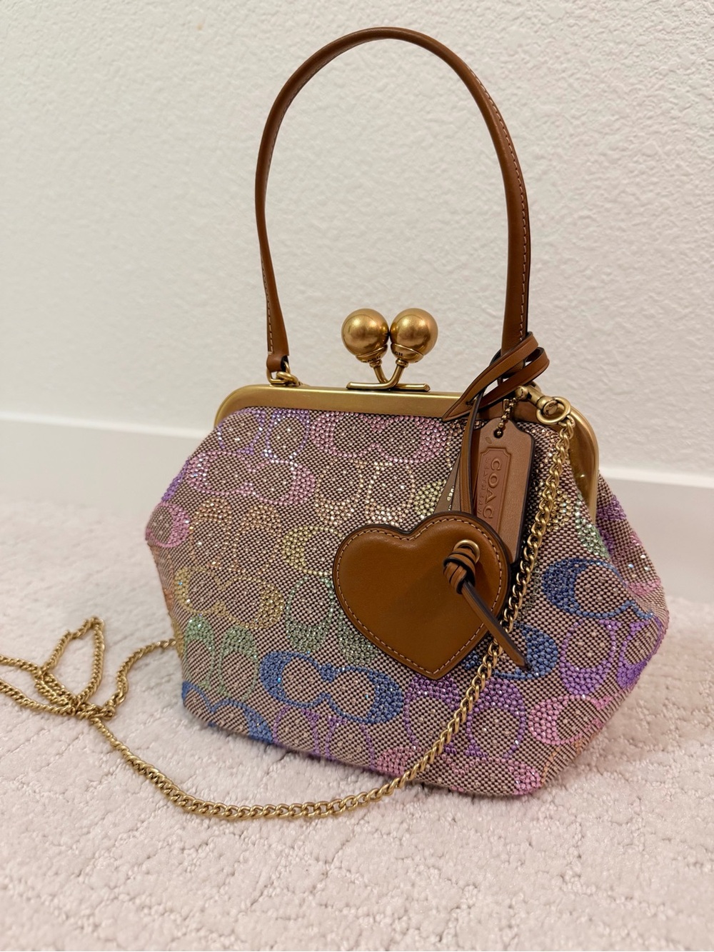 Coach Multicolor Beaded Kisslock Clutch with Tan Leather Heart Charm